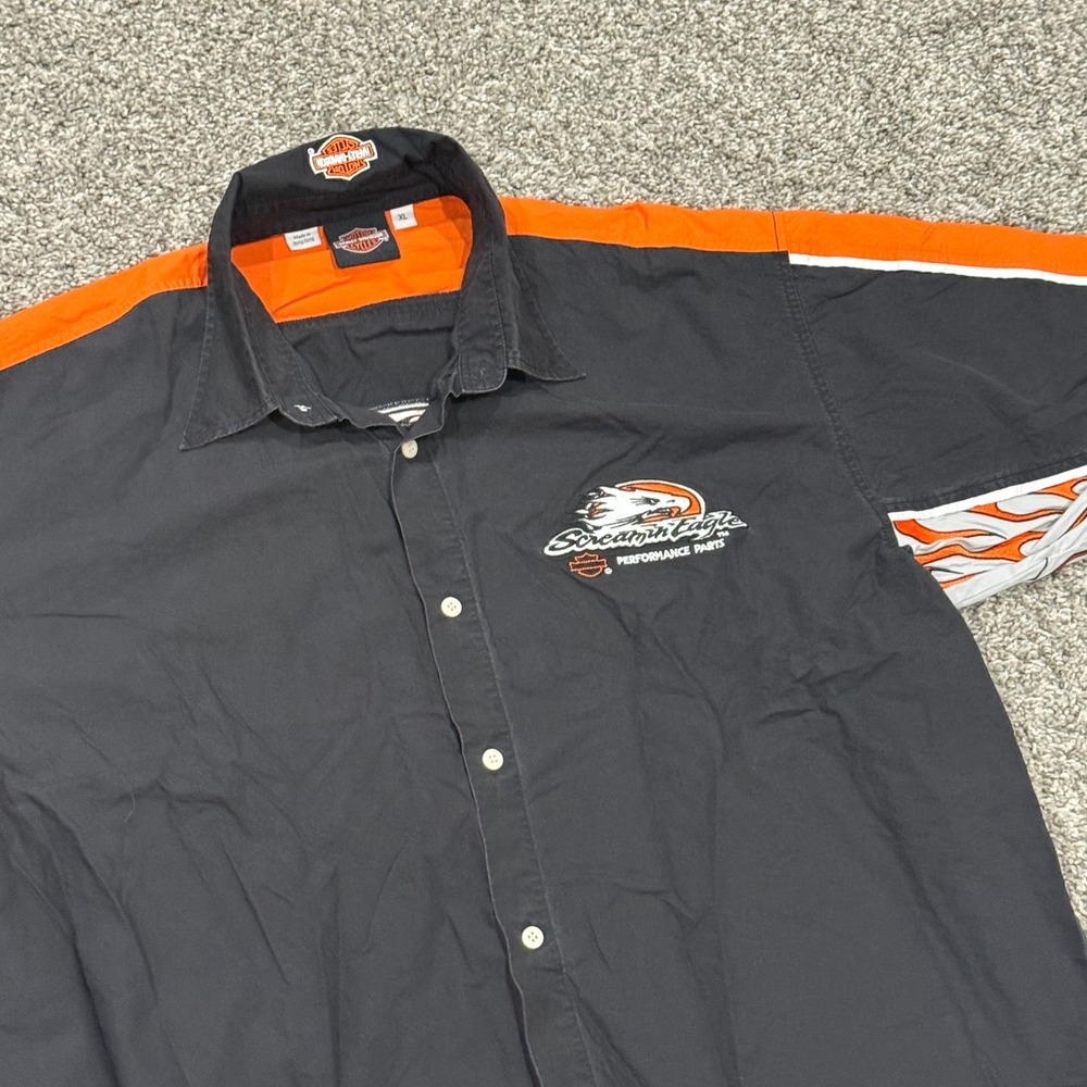 VTG 90s Harley-Davidson Screamin Eagle Performance Flame Button Up Shirt Mens XL - Picture 2 of 6